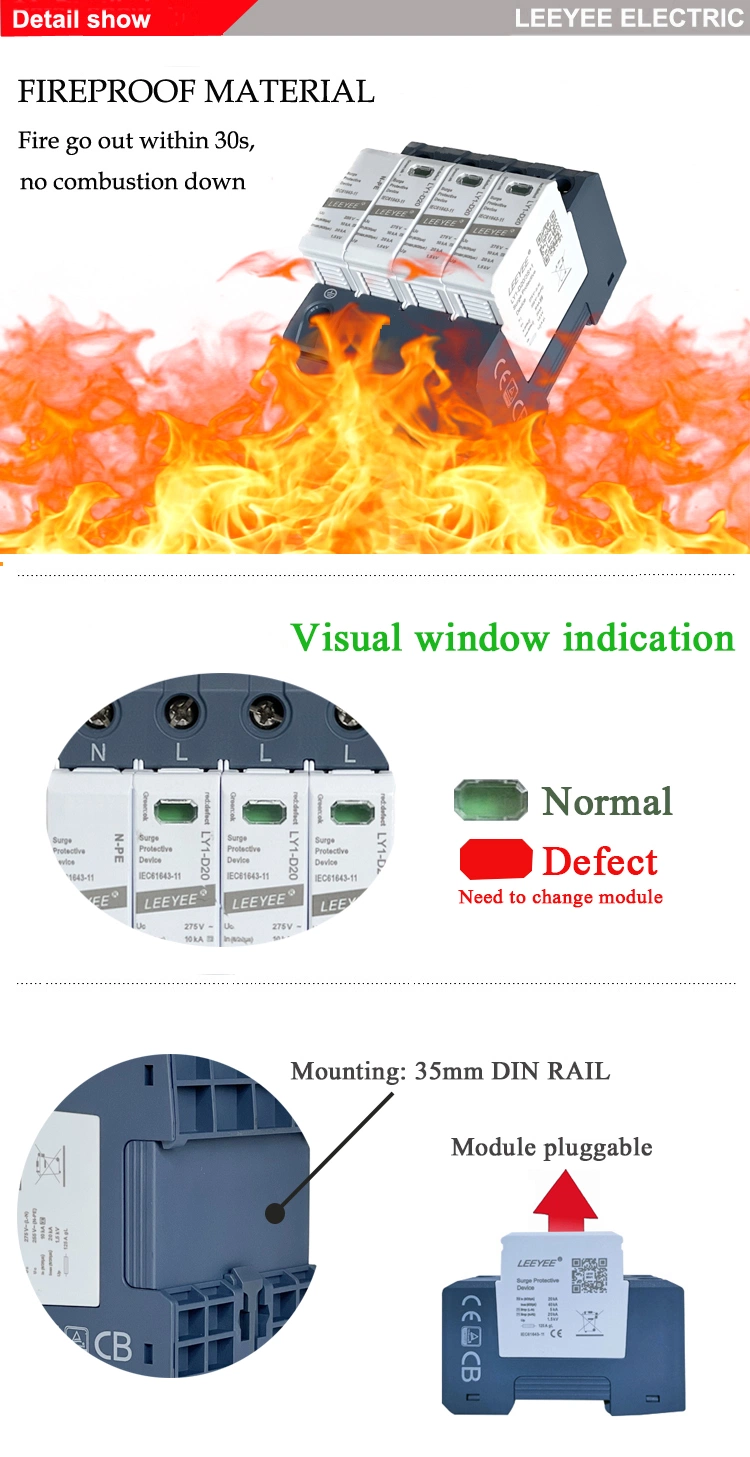 3p+N 20ka 275V AC SPD DIN Rail Surge Protective Device for Lightning Protection